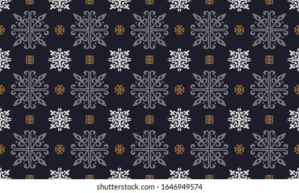 Christmas drawing with snowflakes. The Nordic style. Folk print with flakes. Scandinavian, Portuguese ornament. Spanish porcelain. Oriental damask. Ethnic motif. Ikat geometric folklore background. 
