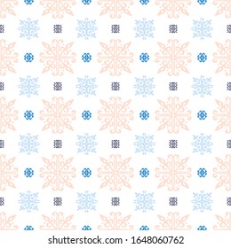 Christmas drawing with snowflakes. The Nordic style. Folk print with flakes. Scandinavian, Portuguese ornament. Spanish porcelain. Oriental damask. Ethnic motif. Ikat geometric folklore background. 