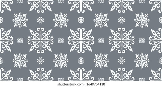 Christmas drawing with snowflakes. The Nordic style. Folk print with flakes. Scandinavian, Portuguese ornament. Spanish porcelain. Oriental damask. Ethnic motif. Ikat geometric folklore background. 