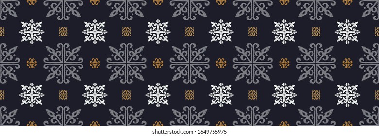 Christmas drawing with snowflakes. The Nordic style. Folk print with flakes. Scandinavian, Portuguese ornament. Spanish porcelain. Oriental damask. Ethnic motif. Ikat geometric folklore background. 
