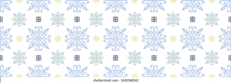 Christmas drawing with snowflakes. The Nordic style. Folk print with flakes. Scandinavian, Portuguese ornament. Spanish porcelain. Oriental damask. Ethnic motif. Ikat geometric folklore background. 
