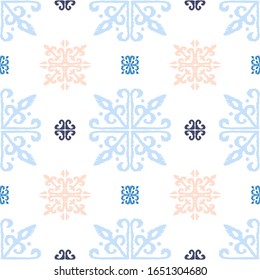 Christmas drawing with snowflakes. The Nordic style. Folk print with flakes. Scandinavian, Portuguese ornament. Spanish porcelain. Oriental damask. Ethnic motif. Ikat geometric folklore background. 