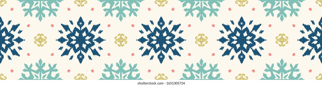 Christmas drawing with snowflakes. The Nordic style. Folk print with flakes. Scandinavian, Portuguese ornament. Spanish porcelain. Oriental damask. Ethnic motif. Ikat geometric folklore background. 