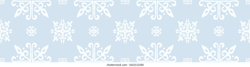 Christmas drawing with snowflakes. The Nordic style. Folk print with flakes. Scandinavian, Portuguese ornament. Spanish porcelain. Oriental damask. Ethnic motif. Ikat geometric folklore background. 