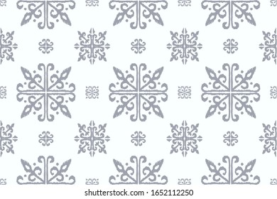Christmas drawing with snowflakes. The Nordic style. Folk print with flakes. Scandinavian, Portuguese ornament. Spanish porcelain. Oriental damask. Ethnic motif. Ikat geometric folklore background. 