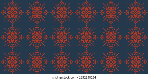 Christmas drawing with snowflakes. The Nordic style. Folk print with flakes. Scandinavian, Portuguese ornament. Spanish porcelain. Oriental damask. Ethnic motif. Ikat geometric folklore background. 