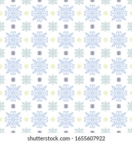 Christmas drawing with snowflakes. The Nordic style. Folk print with flakes. Scandinavian, Portuguese ornament. Spanish porcelain. Oriental damask. Ethnic motif. Ikat geometric folklore background. 