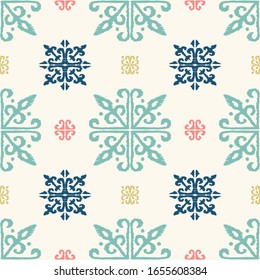 Christmas drawing with snowflakes. The Nordic style. Folk print with flakes. Scandinavian, Portuguese ornament. Spanish porcelain. Oriental damask. Ethnic motif. Ikat geometric folklore background. 