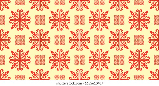 Christmas drawing with snowflakes. The Nordic style. Folk print with flakes. Scandinavian, Portuguese ornament. Spanish porcelain. Oriental damask. Ethnic motif. Ikat geometric folklore background. 