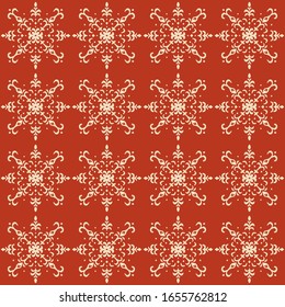 Christmas drawing with snowflakes. The Nordic style. Folk print with flakes. Scandinavian, Portuguese ornament. Spanish porcelain. Oriental damask. Ethnic motif. Ikat geometric folklore background. 