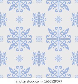 Christmas drawing with snowflakes. The Nordic style. Folk print with flakes. Scandinavian, Portuguese ornament. Spanish porcelain. Oriental damask. Ethnic motif. Ikat geometric folklore background. 