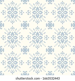 Christmas drawing with snowflakes. The Nordic style. Folk print with flakes. Scandinavian, Portuguese ornament. Spanish porcelain. Oriental damask. Ethnic motif. Ikat geometric folklore background. 