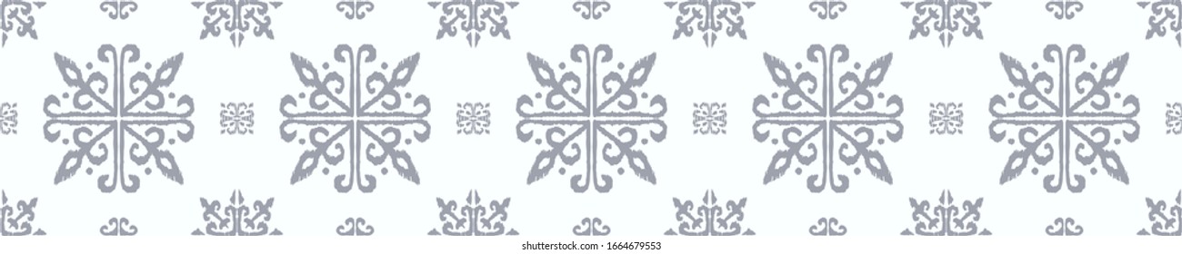 Christmas drawing with snowflakes. The Nordic style. Folk print with flakes. Scandinavian, Portuguese ornament. Spanish porcelain. Oriental damask. Ethnic motif. Ikat geometric folklore background. 