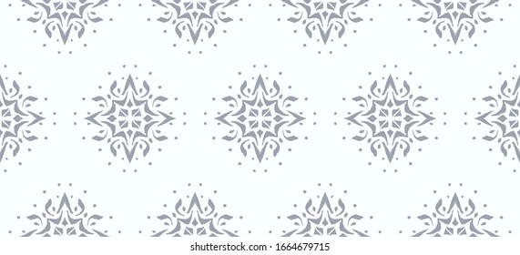 Christmas drawing with snowflakes. The Nordic style. Folk print with flakes. Scandinavian, Portuguese ornament. Spanish porcelain. Oriental damask. Ethnic motif. Ikat geometric folklore background. 