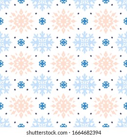 Christmas drawing with snowflakes. The Nordic style. Folk print with flakes. Scandinavian, Portuguese ornament. Spanish porcelain. Oriental damask. Ethnic motif. Ikat geometric folklore background. 