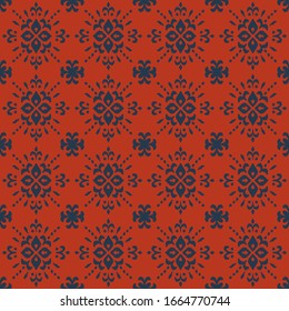 Christmas drawing with snowflakes. The Nordic style. Folk print with flakes. Scandinavian, Portuguese ornament. Spanish porcelain. Oriental damask. Ethnic motif. Ikat geometric folklore background. 