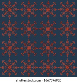 Christmas drawing with snowflakes. The Nordic style. Folk print with flakes. Scandinavian, Portuguese ornament. Spanish porcelain. Oriental damask. Ethnic motif. Ikat geometric folklore background. 