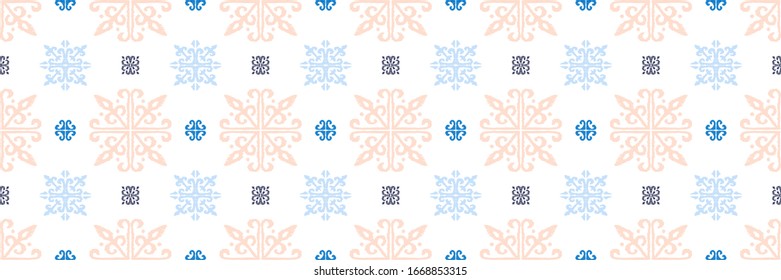 Christmas drawing with snowflakes. The Nordic style. Folk print with flakes. Scandinavian, Portuguese ornament. Spanish porcelain. Oriental damask. Ethnic motif. Ikat geometric folklore background. 