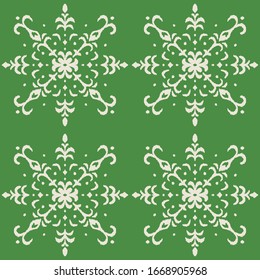 Christmas drawing with snowflakes. The Nordic style. Folk print with flakes. Scandinavian, Portuguese ornament. Spanish porcelain. Oriental damask. Ethnic motif. Ikat geometric folklore background. 