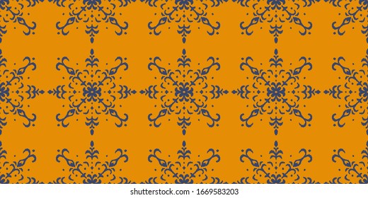 Christmas drawing with snowflakes. The Nordic style. Folk print with flakes. Scandinavian, Portuguese ornament. Spanish porcelain. Oriental damask. Ethnic motif. Ikat geometric folklore background. 