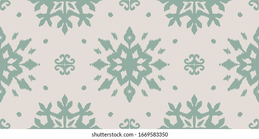 Christmas drawing with snowflakes. The Nordic style. Folk print with flakes. Scandinavian, Portuguese ornament. Spanish porcelain. Oriental damask. Ethnic motif. Ikat geometric folklore background. 