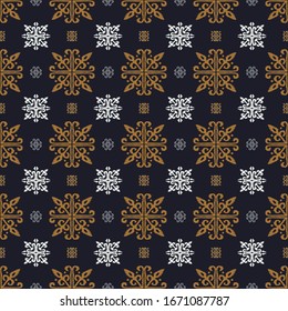 Christmas drawing with snowflakes. The Nordic style. Folk print with flakes. Scandinavian, Portuguese ornament. Spanish porcelain. Oriental damask. Ethnic motif. Ikat geometric folklore background. 