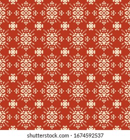 Christmas drawing with snowflakes. The Nordic style. Folk print with flakes. Scandinavian, Portuguese ornament. Spanish porcelain. Oriental damask. Ethnic motif. Ikat geometric folklore background. 