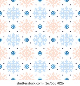 Christmas drawing with snowflakes. The Nordic style. Folk print with flakes. Scandinavian, Portuguese ornament. Spanish porcelain. Oriental damask. Ethnic motif. Ikat geometric folklore background. 