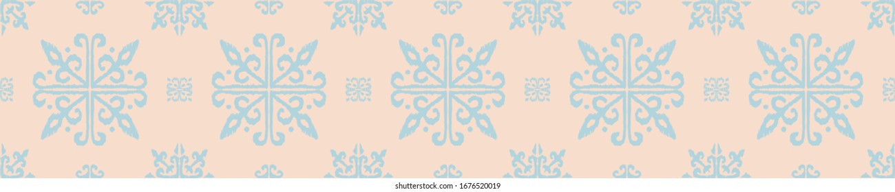 Christmas drawing with snowflakes. The Nordic style. Folk print with flakes. Scandinavian, Portuguese ornament. Spanish porcelain. Oriental damask. Ethnic motif. Ikat geometric folklore background. 