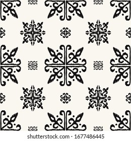 Christmas drawing with snowflakes. The Nordic style. Folk print with flakes. Scandinavian, Portuguese ornament. Spanish porcelain. Oriental damask. Ethnic motif. Ikat geometric folklore background. 