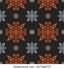 Christmas drawing with snowflakes. The Nordic style. Folk print with flakes. Scandinavian, Portuguese ornament. Spanish porcelain. Oriental damask. Ethnic motif. Ikat geometric folklore background. 