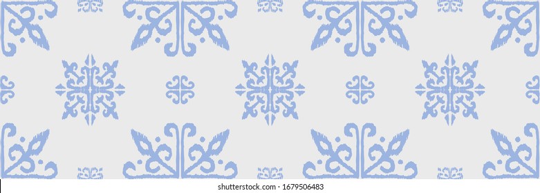 Christmas drawing with snowflakes. The Nordic style. Folk print with flakes. Scandinavian, Portuguese ornament. Spanish porcelain. Oriental damask. Ethnic motif. Ikat geometric folklore background. 