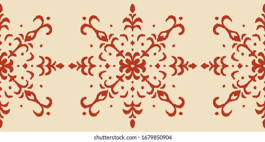 Christmas drawing with snowflakes. The Nordic style. Folk print with flakes. Scandinavian, Portuguese ornament. Spanish porcelain. Oriental damask. Ethnic motif. Ikat geometric folklore background. 