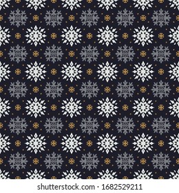 Christmas drawing with snowflakes. The Nordic style. Folk print with flakes. Scandinavian, Portuguese ornament. Spanish porcelain. Oriental damask. Ethnic motif. Ikat geometric folklore background. 