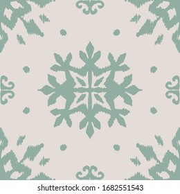 Christmas drawing with snowflakes. The Nordic style. Folk print with flakes. Scandinavian, Portuguese ornament. Spanish porcelain. Oriental damask. Ethnic motif. Ikat geometric folklore background. 