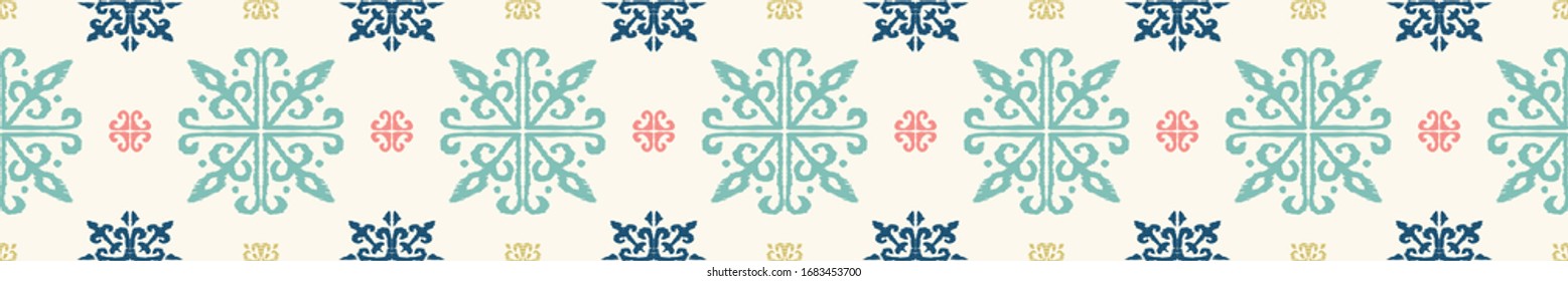 Christmas drawing with snowflakes. The Nordic style. Folk print with flakes. Scandinavian, Portuguese ornament. Spanish porcelain. Oriental damask. Ethnic motif. Ikat geometric folklore background. 