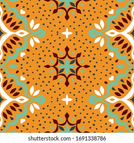 Christmas drawing with snowflakes. The Nordic style. Folk print with flakes. Scandinavian, Portuguese ornament. Spanish porcelain. Oriental damask. Ethnic motif. Ikat geometric folklore background. 