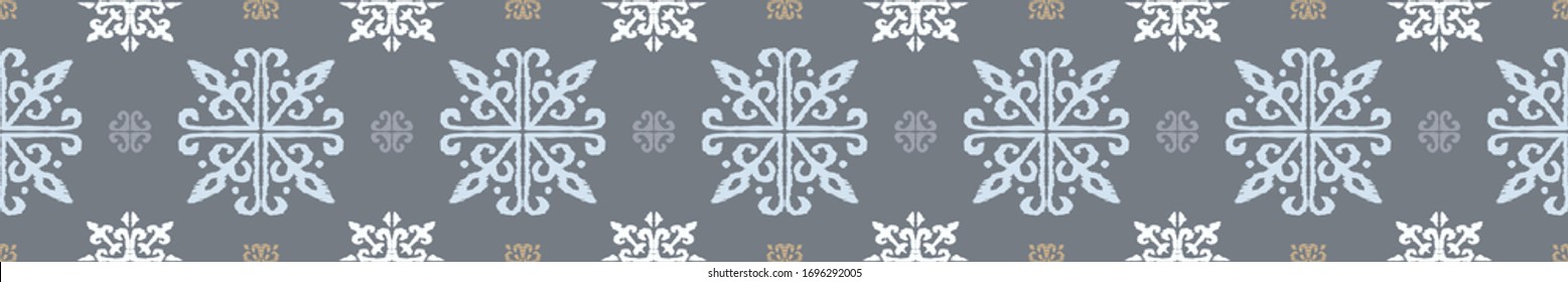 Christmas drawing with snowflakes. The Nordic style. Folk print with flakes. Scandinavian, Portuguese ornament. Spanish porcelain. Oriental damask. Ethnic motif. Ikat geometric folklore background. 