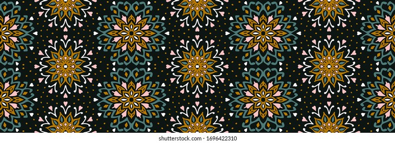 Christmas drawing with snowflakes. The Nordic style. Folk print with flakes. Scandinavian, Portuguese ornament. Spanish porcelain. Oriental damask. Ethnic motif. Ikat geometric folklore background. 