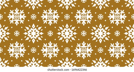 Christmas drawing with snowflakes. The Nordic style. Folk print with flakes. Scandinavian, Portuguese ornament. Spanish porcelain. Oriental damask. Ethnic motif. Ikat geometric folklore background. 