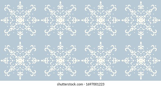 Christmas drawing with snowflakes. The Nordic style. Folk print with flakes. Scandinavian, Portuguese ornament. Spanish porcelain. Oriental damask. Ethnic motif. Ikat geometric folklore background. 