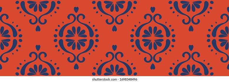 Christmas drawing with snowflakes. The Nordic style. Folk print with flakes. Scandinavian, Portuguese ornament. Spanish porcelain. Oriental damask. Ethnic motif. Ikat geometric folklore background. 