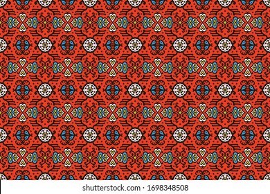 Christmas drawing with snowflakes. The Nordic style. Folk print with flakes. Scandinavian, Portuguese ornament. Spanish porcelain. Oriental damask. Ethnic motif. Ikat geometric folklore background. 