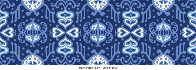 Christmas drawing with snowflakes. The Nordic style. Folk print with flakes. Scandinavian, Portuguese ornament. Spanish porcelain. Oriental damask. Ethnic motif. Ikat geometric folklore background. 