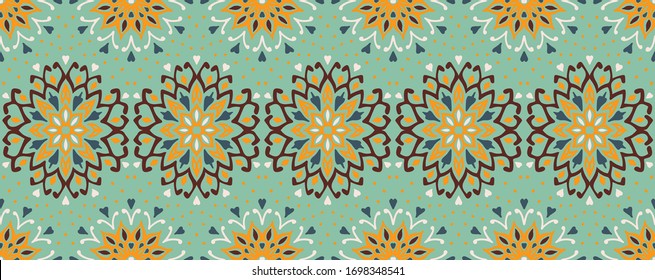 Christmas drawing with snowflakes. The Nordic style. Folk print with flakes. Scandinavian, Portuguese ornament. Spanish porcelain. Oriental damask. Ethnic motif. Ikat geometric folklore background. 