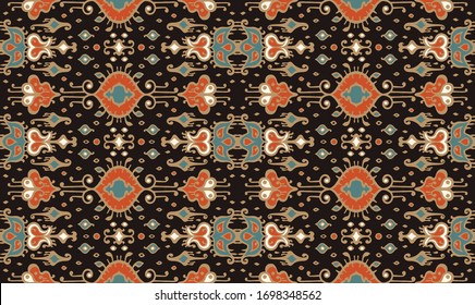 Christmas drawing with snowflakes. The Nordic style. Folk print with flakes. Scandinavian, Portuguese ornament. Spanish porcelain. Oriental damask. Ethnic motif. Ikat geometric folklore background. 