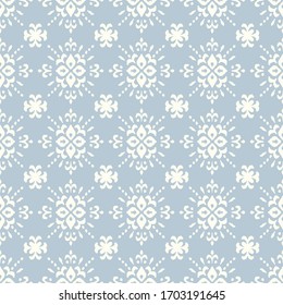 Christmas drawing with snowflakes. The Nordic style. Folk print with flakes. Scandinavian, Portuguese ornament. Spanish porcelain. Oriental damask. Ethnic motif. Ikat geometric folklore background. 