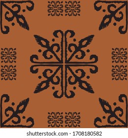Christmas drawing with snowflakes. The Nordic style. Folk print with flakes. Scandinavian, Portuguese ornament. Spanish porcelain. Oriental damask. Ethnic motif. Ikat geometric folklore background. 