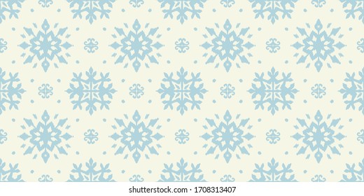 Christmas drawing with snowflakes. The Nordic style. Folk print with flakes. Scandinavian, Portuguese ornament. Spanish porcelain. Oriental damask. Ethnic motif. Ikat geometric folklore background. 