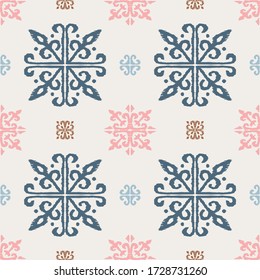 Christmas drawing with snowflakes. The Nordic style. Folk print with flakes. Scandinavian, Portuguese ornament. Spanish porcelain. Oriental damask. Ethnic motif. Ikat geometric folklore background. 